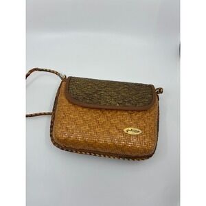 Giuliana Italia Vintage Woven Straw Crossbody Bag Brown Braided Trim Italian
